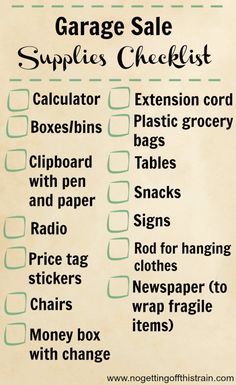 the garage sale checklist is shown in green and white with black lettering on it