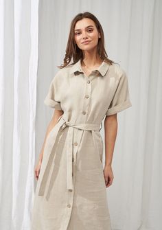 Linen short sleeve shirt dress Asuna 2 Casual Fitted Short Sleeve Belted Dress, Casual Fitted Belted Dress With Short Sleeves, Summer Mini Length Belted Dress, Beige Half-sleeve Summer Dress, Collared Belted Dress For Day Out, Beige Half Sleeve Summer Dress, Chic Short Sleeve Beach Dress, Chic Collared Short Sleeve Dress, Casual Short Sleeve Dresses For Daywear