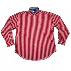 Tommy Hilfiger Mens Striped Red & White Button Down Shirt Casual Preppy Size XL | eBay Classic Tommy Hilfiger Striped Tops, Tommy Hilfiger Red Long Sleeve Shirt, Tommy Hilfiger Red Cotton Shirt, Tommy Hilfiger Red Long Sleeve Top, Tommy Hilfiger Casual Shirt With Buttons, Red Tommy Hilfiger Cotton Shirt, White Button Down Shirt, Mens Stripes, White Button Down