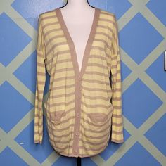 - Nwot - Striped - V-Neck - Button Down - Two Front Pockets - Long Sleeve - 60% Linen 40% Viscose Striped Buttoned Cardigan For Spring, Spring Striped Button-up Cardigan, Yellow Buttoned Cardigan, Yellow Spring Workwear Cardigan, Spring Yellow Buttoned Cardigan, Spring Yellow Cardigan With Buttons, Casual Mustard Cardigan For Spring, Yellow Long-sleeve Cardigan With Button Closure, Yellow Casual Cardigan With Buttons