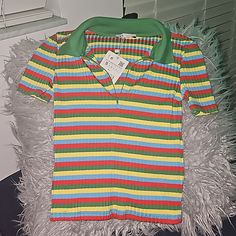 Nwt Zara Stretch Ribbed Rainbow Knit Collared Short Sleeve Polo Shirt Size Small Bust 12" Length 19.5" Retro Striped Ribbed Tops, Retro Ribbed Striped Tops, Spring Green Top With Ribbed Collar, Casual Yellow Top With Striped Collar, Casual Multicolor Ribbed Top, Striped Short Sleeve Top With Ribbed Collar, Casual Multicolor Stretch Shirt, Casual Stretch Multicolor Shirt, Green Tops With Ribbed Collar