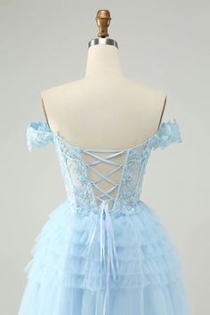 Amzcw Light Blue A Line Off The Shoulder Corset Short Homecoming Dress with Sequins Homecoming Dresses Corset, Lovely Partner, Blue Corset, Dress Light Blue, Tulle Homecoming Dress, Dress With Sequins, Dress Occasion, Short Homecoming Dress, Sequin Party Dress