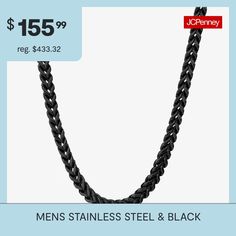 Sure to turn heads, this unique men's chain features durable stainless steel and black ionic plating links twisted in a foxtail design. Pair this chain with a favorite pendant, or wear solo, the options are endless. Metal: Stainless steel and black ionic plating (IP)Closure: Lobster claspWidth: 6mmLength: 22"Jewelry photos are enlarged to show detail. Jewelry Photos, Chain Necklaces, Photo Jewelry, Chains Necklace, Plating, Necklaces, Pendant Necklace, Turn Ons, Stainless Steel