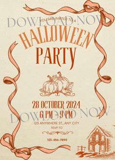 an old fashioned halloween party poster with pumpkins and ribbon on it's border