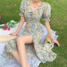 Fabric: Polyester Size: S, M, L Puff Sleeve Long Dress, Girly Casual, Sleeve Long Dress, Floral Tea Dress, French Dress, Cottagecore Dress, Floral Dresses Long, Dress Crafts, Long Summer Dresses