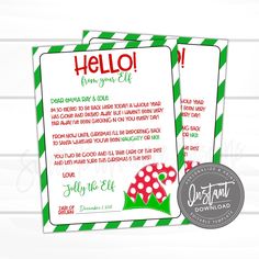 two green and white striped christmas cards with the words hello written in red on them