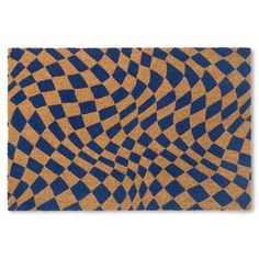 a blue and brown door mat with an abstract design