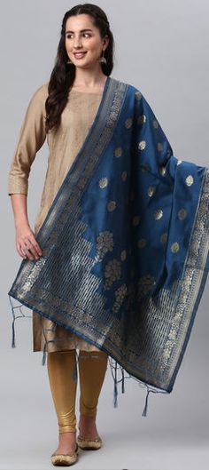 Blue color Dupatta in Banarasi Silk fabric with Weaving work Blue Dupatta, Utsav Fashion, Wedding Shawl, Hindu Wedding, Designer Scarves, Silk Dupatta, Jacquard Weave, How To Dye Fabric, Indigo Blue