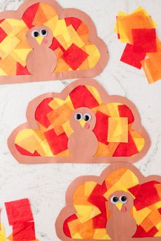 paper plates with turkeys and leaves cut out to look like they are made from construction paper