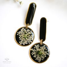 Artist Earrings Artistic Black Dangle Earrings, Artistic Black Nickel-free Earrings, Handmade Artsy Flower Earrings, Unique Flower-shaped Resin Earrings, Artsy Black Drop Earrings, Black Artsy Drop Earrings, Black Hand Painted Drop Earrings, Handmade Enamel Drop Flower Earrings, Handmade Black Enamel Earrings