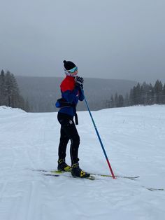 a person riding skis on top of a snow covered slope with trees in the background