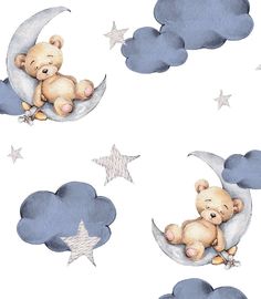 two teddy bears sitting on the moon with stars and clouds in the sky behind them