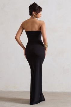 Belle of The Ball Black Bandeau Maxi Dress With Split Hem – Club L London - USA Bandeau Maxi Dress, Dress With Split, Sleek Dress, Black Bandeau, Black Dress Prom, Black Tie Gala, Strapless Bandeau, Party Dress Long Sleeve, Christmas Party Dress