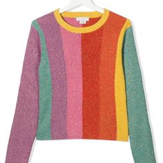 Striped Glitter Jumper From Stella Mccartney Kids Featuring Multicolour, Organic Cotton Blend, Wool, Metallic Threading, Glitter Detailing, Vertical Stripe Pattern, Fine Ribbed, Round Neck, Contrasting Collar, Long Sleeves And Straight Hem. Conscious: We've Partnered With Good On You An Ethical Agency That Rates How Sustainably Brands Perform. This Product Comes From A Brand That Performs Well In Relation To Their Impact On Animals.. Fashion 23, Lurex Sweater, Kids Rainbow, Multicolor Sweater, Rainbow Fashion, Girls Stripes, Rainbow Kids, Yellow Sweater, Stella Mccartney Kids