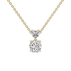 Metal Type - 14K Yellow Gold Center Stone Diamond Weight - 0.75 Ct, 1 Ct, 2 Ct, 3 Ct, 4 Ct, 5 Ct, 6 Ct Heart Shape Smaller Diamond weight - 0.50 Ct Diamond Clarity: VS1-VS2 Diamond Color: FG Chain Length - 16"  Number of stones- 2 The Carina pendant showcases the beauty of two mesmerizing stones, each gracefully suspended to create a harmonious composition. At the center of attention is a dazzling 0.50 carat heart shaped stone, delicately held in place by a claw prong setting. Creating a visually striking design, a slider gap separates the heart shaped stone from the bottom stone, cradled securely by four prongs. Surrounding the prongs is a classic gallery, gracefully stretching down to the bottom of the pendant.  This excellent piece of jewelry can resonate with anyone's personal style an Gia Certified Diamond Necklace In Yellow Gold, Gia Certified Yellow Gold Diamond Necklace, Vs Clarity Round Cut Yellow Gold Diamond Necklace, Gia Certified Yellow Gold Necklace For Anniversary, Yellow Gold Gia Certified Necklace For Wedding, Gia Certified Yellow Gold Necklace For Wedding, Classic Yellow Gold Heart Cut Diamond Necklace, Formal Yellow Gold Diamond Necklace With Vs Clarity, 16 Number