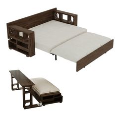 a bed with a wooden frame and white sheets on top of it, next to an end table