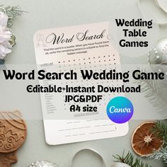 the word search wedding game is displayed next to some ornaments and other holiday decorations on a table