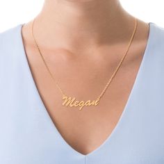 The style is in the spelling with this on-trend personalized necklace. Created in sterling silver with 14K gold plate, this elegant design showcases the name of your choice - between three and 10 characters in length - sculpted in a flowing script font. Polished to a bright shine, this moniker suspends centered along an 18.0-inch cable chain that secures with a spring-ring clasp. Formal Personalized Initial Pendant Name Necklace, Elegant Charm Necklace With Initial Pendant, Elegant Nameplate Charm Necklace, Elegant Charm Necklaces With Initial Pendant, Classic Customizable Initial Pendant Necklace, Customizable Yellow Gold Nameplate Charm Necklaces, Customizable Yellow Gold Charm Necklaces With Nameplate, Elegant Personalized Name Charm Necklaces, Classic Pendant Name Necklace For Anniversary