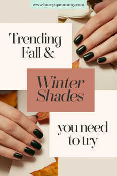 Hands with dark green nail polish surrounded by autumn leaves, showcasing fall nail colors 2024 trends for fall and winter seasons. Winter Nail Colour 2024, Nail Colours 2024, Nail Shades, Scientific Facts, Trendy Shades, Hair Mistakes