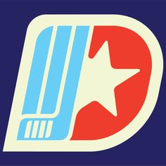 a red, white and blue logo with a star