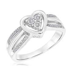 Offer her a symbol of your commitment in with this romantic diamond heart ring. Crafted in sterling silver, this ring boasts three round diamonds enveloped within an open heart frame. Additional round diamonds sparkle along the split shank design of the band. Diamonds are 1/15ctw, I or better in color, and I3 or better in clarity. The ring measures 8.5mm across the top and 2mm across the bottom. Valentine's Day Promise Ring With Pave Setting, Valentine's Day Open Heart Ring With Diamond Accents, Fine Jewelry Open Heart Diamond Promise Ring, Valentine's Day Diamond Accents Heart Promise Ring, Open Heart Diamond Ring For Anniversary On Valentine's Day, Open Heart Diamond Ring For Valentine's Anniversary, Valentine's Day Anniversary Open Heart Diamond Ring, Double Heart Diamond Ring With Accents For Valentine's Day, Open Heart Diamond Ring For Anniversary