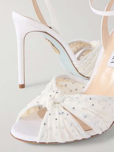 AQUAZZURA Slow Kisses 105 chiffon-trimmed grosgrain sandals Luxury Wedding Heels With Padded Heel, White Sandals With Heel Strap For Gala, Glamorous Sandals With Padded Heel For Wedding, Luxury Padded Heel Wedding Sandals, Chic Embellished Sandals For Wedding, Designer White Embellished Sandals, White Crystal Embellished Open Heel Heels, Glamorous Wedding Sandals With Padded Heel, Spring Luxury Wedding Shoes