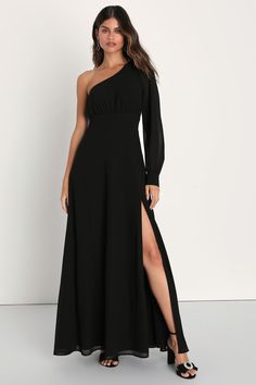 Elegant Black Dress - One-Shoulder Dress - A-Line Maxi Dress - Lulus One Sleeve Long Dress, One Sleeve Summer Formal Dress, Formal One-sleeve Summer Dress, Chic Black One-sleeve Dress, Chic One Shoulder Floor-length Dress For Night Out, Chic One-shoulder Floor-length Dress For Night Out, Summer Formal One Shoulder Dress With Long Sleeve, Black Floor-length One-shoulder Cocktail Dress, Elegant One-sleeve Evening Maxi Dress