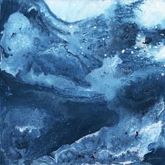 an abstract blue and white painting with water droplets on it's surface that looks like ice