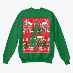 a green christmas sweater with an image of a german shepherd dog on it's back