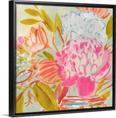 an abstract painting with pink and white flowers