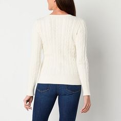 Add unique texture and vibrant color to your cold-weather wardrobe with this St. John's Bay women's tall cable-knit sweater made from a soft cotton blend. It has a classic crew neckline, long sleeves and ribbed trims. Stock up on different colors and pair yours with pants or jeans.Features: EssentialsClosure Type: Pullover HeadFit: Regular FitNeckline: Crew NeckSleeve Length: Long SleeveSleeve Style: Fitted SleeveApparel Length: 26.5 Inches - Front, 26 Inches - BackFiber Content: 88% Cotton, 12… Winter White Cable Knit Sweater, Crew Neck Cable Knit Top For Cold Weather, Cable Knit Crew Neck Top For Cold Weather, Cable Knit Crew Neck Outerwear For Cold Weather, Cozy Cable Knit V-neck Sweater For Winter, Fitted Cable Knit Sweater For Cold Weather, Cable Knit Long Sleeve Tops For Cold Weather, Cozy Long Sleeve Cable Knit V-neck Sweater, Fitted Fall Cable Knit V-neck Sweater