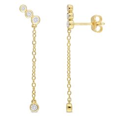 Add some glitter to your outfit with these Lab Grown Diamond Graduated Dangle Earrings. Crafted in lustrous yellow gold plated sterling silver, they feature eight round-cut, bezel-set, Lab Grown diamonds (2 x 2mm) studded in a graduated style. Polished to a brilliant shine, these earrings secure with butterfly closures for longer durability. Coordinate these earrings with any long chain necklace and complete your look. Diamond Dangle Earrings, Long Chain Necklace, Diamond Chain, Sterling Silver Dangle Earrings, Diamond Drop Earrings, Chain Earrings, Lab Created Diamonds, Gold Plated Silver, Lab Diamonds