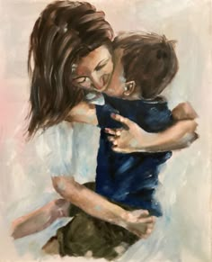 a painting of two people hugging each other