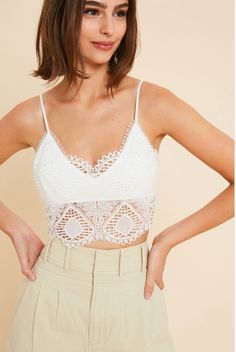 White Bralette Lace Crop Top With Built-in Bra, Lace Cami Crop Top With Lace Trim, Spring Cami Bra With Lace Trim, Chic Spaghetti Strap Crop Top With Lace Trim, Chic Delicate Lace Crop Top, Fitted Delicate Lace Cami Crop Top, Fitted Lace Top Camisole Bra, White Delicate Lace Cropped Top, Bra Friendly Lace Cropped Tops