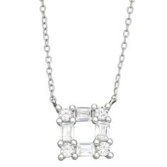 Made from alternating round- and square-cut cubic zirconia gemstones, this sterling silver square pendant is a dazzling complement to your wardrobe. Made from alternating round- and square-cut cubic zirconia gemstones, this sterling silver square pendant is a dazzling complement to your wardrobe. Pendant size: 18 mm x 18 mm Chain length: 16 in. + 2-in. extender Chain type: cable Metal: sterling silver Plating: rhodium Finish: polished Packaging: boxedSTONE DETAILS Stone type: cubic zirconia Tota Silver Rectangular Diamond Necklace, Rectangular Silver Diamond Necklace, Fine Jewelry Square Pendant With Baguette Diamonds, Square Pendant Diamond Necklace With Baguette Diamonds, Square Silver Cubic Zirconia Jewelry, Sterling Silver Necklaces With Diamond Accents, Rectangular Shape, Rectangular Sterling Silver Necklaces With Diamond Accents, Formal Diamond Necklace With Baguette Diamonds And Square Pendant, Silver Jewelry With Baguette Diamonds In Rectangular Shape