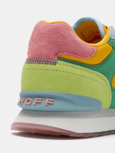 With a design inspired by the city of MUI NE, these sneakers offer the perfect combination with their bright yellow-orange tone contrasting with pastel green, clover green, and coral. The mix of materials such as suede, fabric, and contrasting rubber makes them a creative piece, with a unique design for your looks. They feature a padded effect on the front part of the fabric and a dose of comfort thanks to the memory foam insole. Don't miss the essence of each sneaker on the sole and elevate you Spring Multicolor Color Block Sneakers, Vibrant Multicolor Sneakers For Spring, Modern Green Sneakers For Spring, 90s Sneakers, Bright Sneakers, Sneaker Cleaner, Orange Tone, Colorful Sneakers, Paper Balls