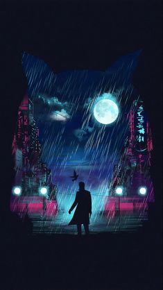 a man standing in the rain under a full moon