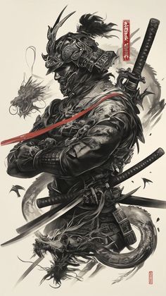 an illustration of a samurai holding two swords