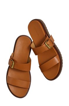 Complete your casual look with the effortless sophistication of this sleek two-strap sandal. Adjustable strap with buckle closure Leather upper and lining/synthetic sole Imported Two Strap Sandals, Leather Industry, Strap Sandals Women, Madewell Denim, Leather Slides, Sandal Women, Casual Look, Leather Working, Slide Sandals