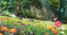 an anime scene with flowers in the foreground and two people sitting on a rock