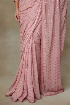 Dark rose pink silk organza saree with all-over sequins embroidery. Comes with floral embroidered padded blouse. - Aza Fashions Sequin Saree, Padded Blouse, Dark Rose, Organza Saree, Sequins Embroidery, Silk Organza, Saree With Blouse, Pink Silk, Embroidered Blouse