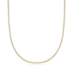 Ross-Simons - 5.50 ct. t. w. Cubic Zirconia Tennis Necklace in 18kt Gold Over Sterling. 16". Take the chance to covet a big style for a little price! Our classic tennis necklace sparkles with 5.50 ct. t. w. round brilliant-cut CZs in polished 18kt yellow gold over sterling silver. Figure 8 safety. Box clasp, CZ tennis necklace. CZ weights are diamond equivalents. Classic Yellow Gold Chain Necklace With Brilliant Cut, Classic Formal Tennis Necklace With Pave Setting, Dazzling Yellow Gold Tennis Necklace With Brilliant Cut, Diamond Tennis Necklace With Pave Setting For Formal Occasions, Yellow Gold Diamond Cut Cubic Zirconia Tennis Necklace, Formal Round Tennis Necklace With Pave Setting, Gold Dazzling Tennis Necklace With Brilliant Cut, Formal Diamond Tennis Necklace With Pave Setting, Formal Diamond White Tennis Necklace With Pave Setting