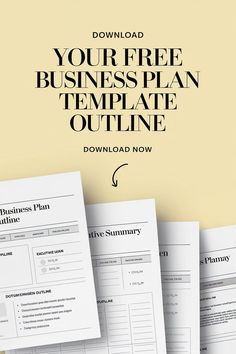 the free business plan template is displayed on top of three sheets of paper with an arrow pointing