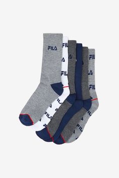 FL355828-071-9/11. knitted FILA logo on leg. cushioned heel. crew silhouette. multi-color 6-pack assortment. Style # FL355828.  Division: Accessories.  [New > Must-Haves > Socks, Hats & Accessories] Fila Logo, Hats Accessories, Crew Sock, 6 Packs, 6 Pack, Crew Socks, Division, Multi Color, Socks