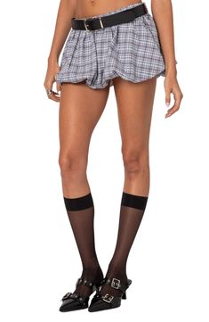 Take retro '90s style to the max with this ultrashort skort in crisp, classic plaid. Elastic waist Removable belt Lined 100% cotton Machine wash, dry flat Imported Trendy School Shorts, Trendy Fitted Plaid Shorts, Preppy Fitted Shorts With Short Length, Preppy Short Bottoms For Fall, Preppy Fitted Short-length Shorts, Preppy Short Length Bottoms For Fall, Preppy Short-length Bottoms For Fall, Fitted Casual Plaid Shorts, Fitted Plaid Casual Shorts