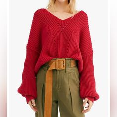 Nwt Oversized Size Xs Approx Measurement Pit To Pit 24” Length 21” Red Crochet Sweater, Long Knit Sweater, Red Crochet, Chic Sweaters, Cable Sweater, Long Sweater, Long Knit, Sweaters Online, Free People Sweaters