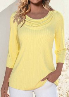 Color:Light Yellow;Size:S;Size:M;Size:L;Size:XL;Size:XXL;Package Contents:1 X T Shirt;Occasion:Other;Style:Casual; Modern Tops For Women, Yellow Drapes, Riverside Cottage, Elegant Dresses Plus Size, Modest Clothes, Modern Tops, Yellow T Shirt, Plus Size Swimwear, Casual Style Outfits