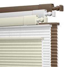 an open window with white and brown blinds on the top, next to a curtain rod