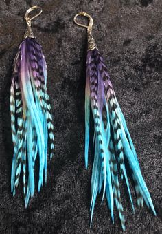 Short Length Purple Turquoise Fade Feather Earrings | Etsy Blue Feather Dangle Earrings, Adjustable Blue Feather Earrings, Blue Feather Earrings Gift, Blue Feather Earrings As Gift, Blue Feather Earrings For Gift, Feather Earrings Diy, Easy Jewelry Making Ideas, Purse Charms Diy, Feather Crafts Diy