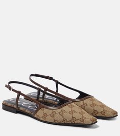 GG leather-trimmed slingback flats in brown - Gucci | Mytheresa Gucci Flats, Flat Shoes For Women, Designer Loafers, Designer Flats, Slingback Flats, Brown Flats, Classic Bags, Slingbacks, Evening Shoes